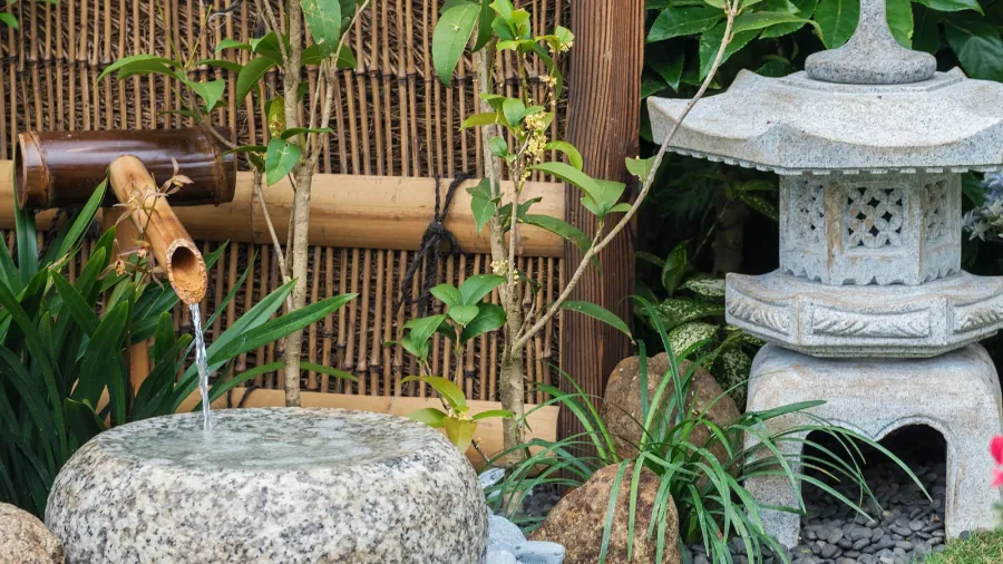 stone lantern and bamboo fountain in japanese garden