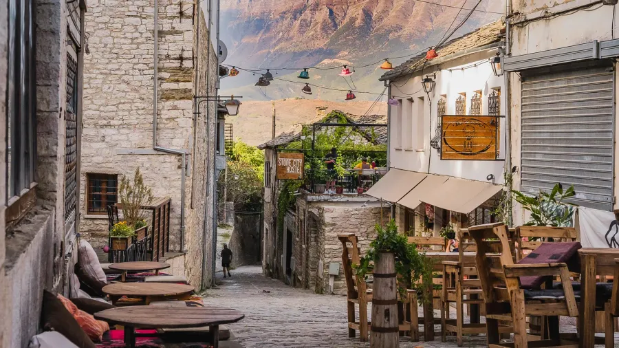 streets of old town gjirokaster albania beautiful view with old
