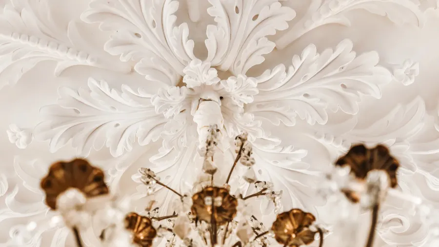 White ceiling medallion and elegant chandelier.