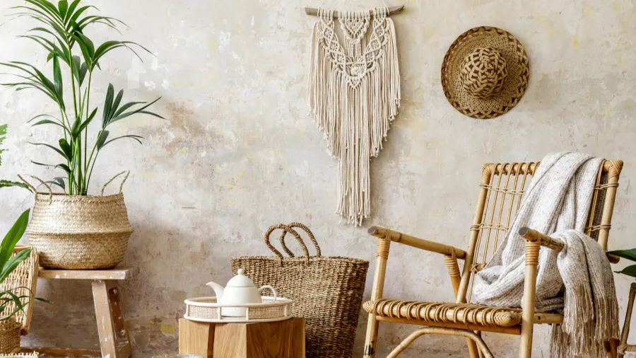 A bohemian-style corner with potted plants, wicker furniture, and wall hanging.