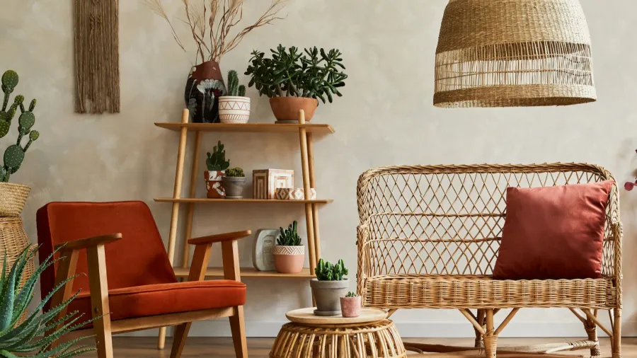 A cozy living room interior with woven pendant light, rattan sofa and coffee table, and mid-century modern accent chair.
