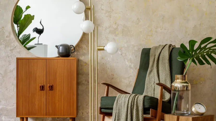 stylish composition of living room interior with design armchair lamp