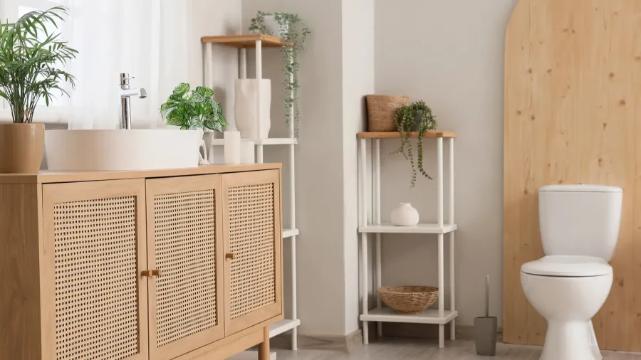 stylish interior of modern restroom with toilet bowl and chest