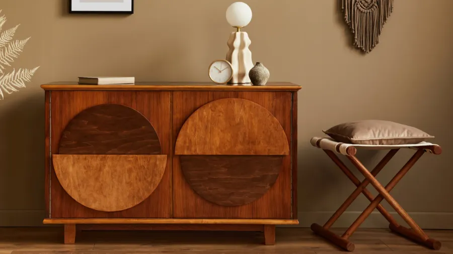 stylish interior with design wooden commode stool dried flowers in