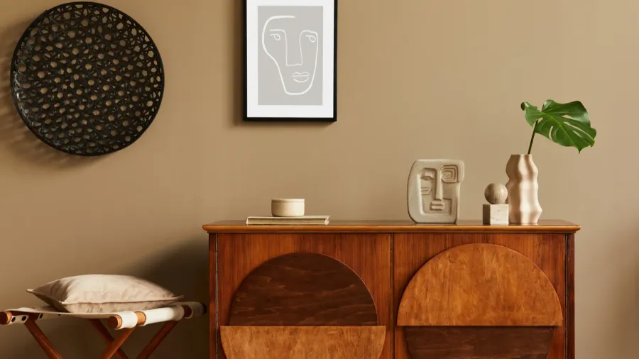 stylish interior with design wooden commode stool dried flowers in