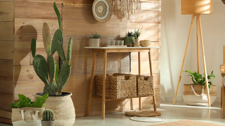 stylish living room interior with wooden furniture and beautiful houseplants