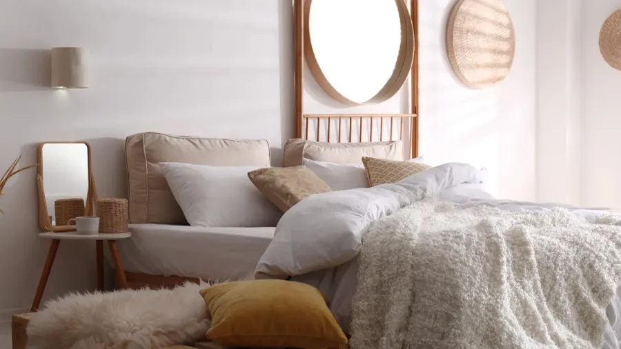 stylish modern room interior with comfortable bed