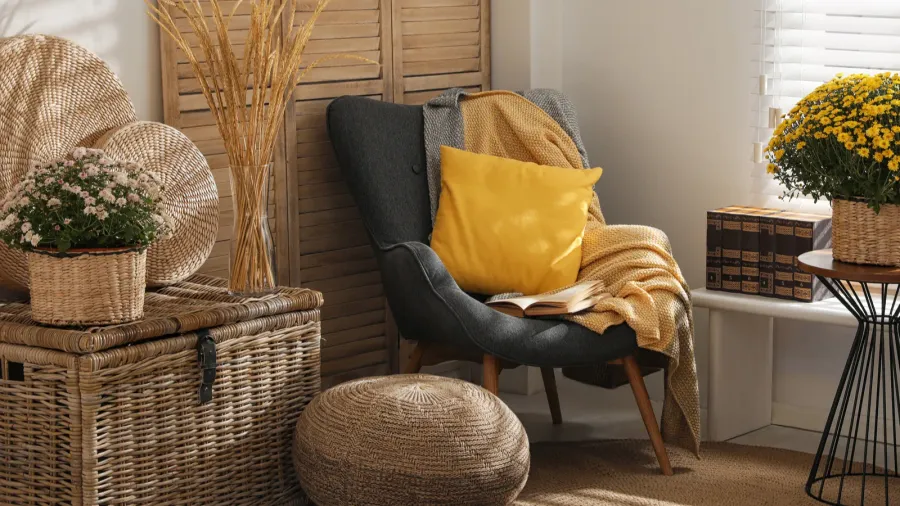 stylish room interior with beautiful fresh chrysanthemum flowers