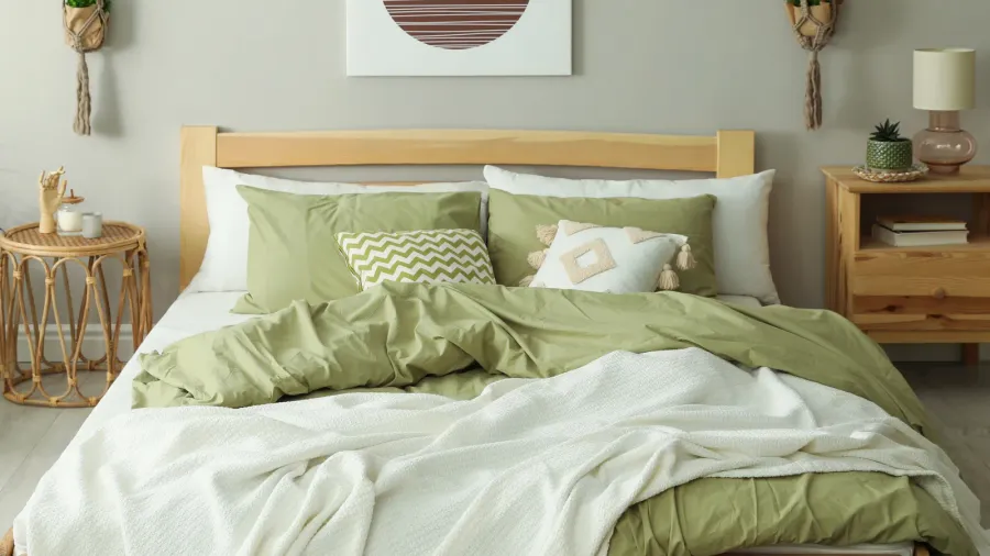 A stylish bedroom setup with soft bedding, decorative pillows, and a charming side table displaying flowers and books.