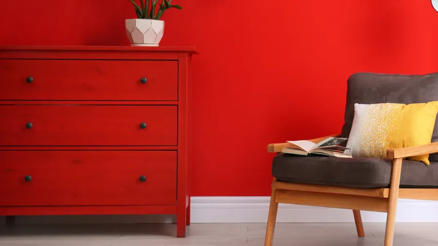 stylish room interior with modern furniture and houseplant near red