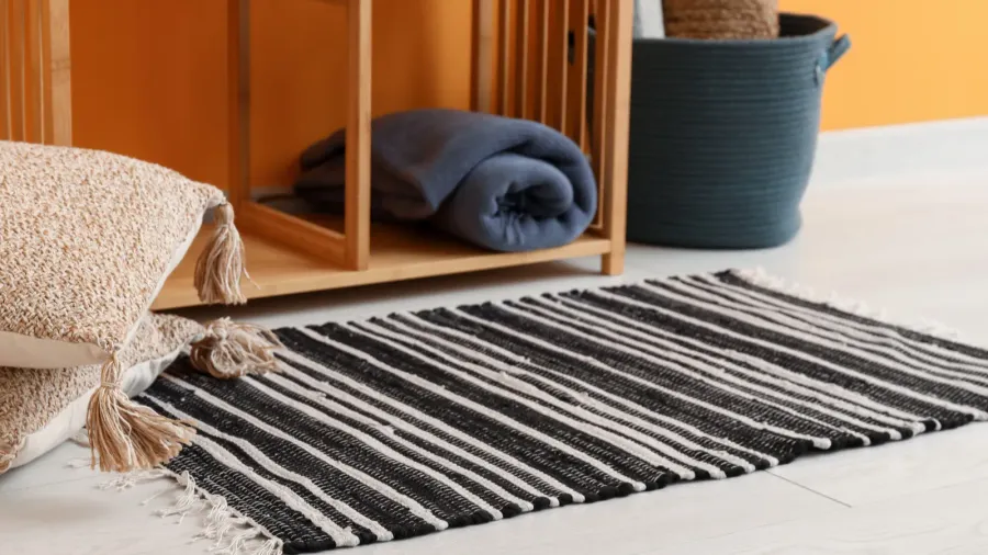 stylish rug cushions and shelving unit near orange wall