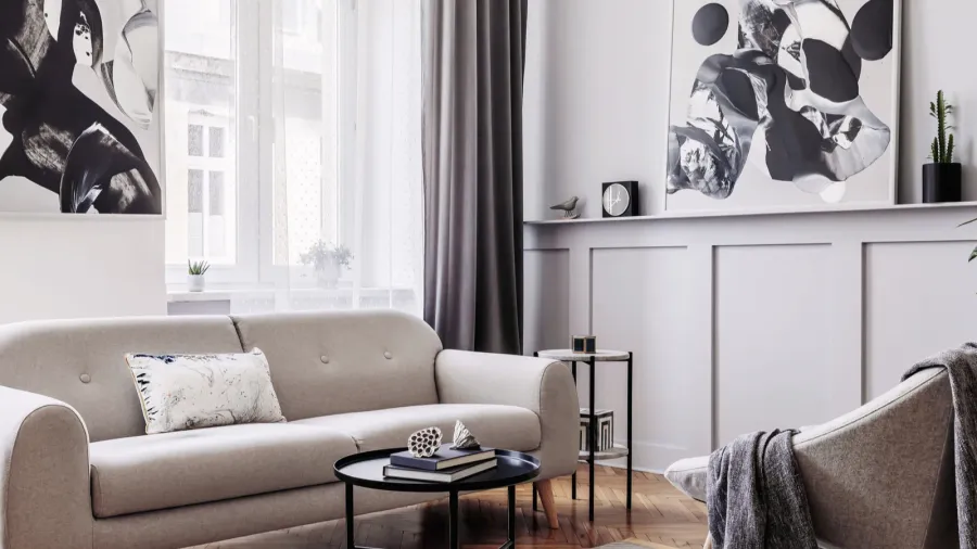 stylish scandinavian home interior of living room with design gray