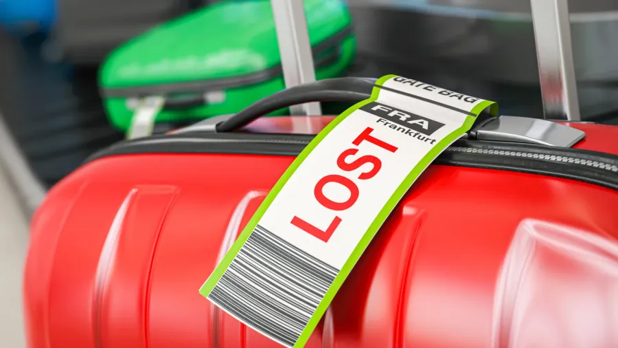 suitcase with lost sticker on an airport baggage conveyor or