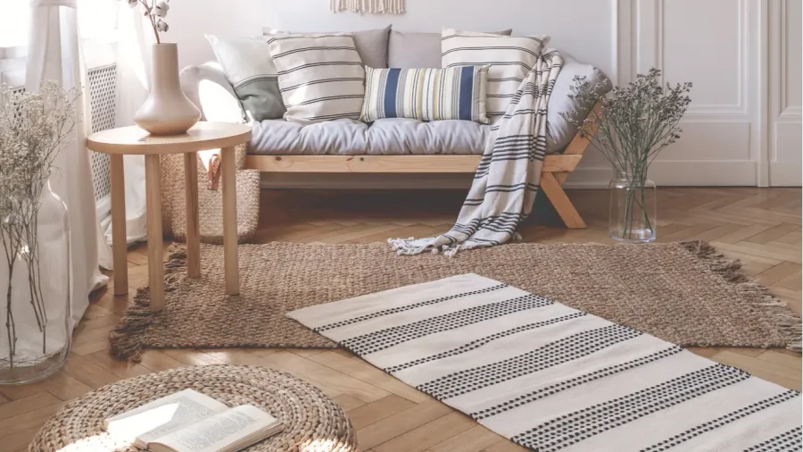sunbeams on a wicker ottoman and herringbone floor of a
