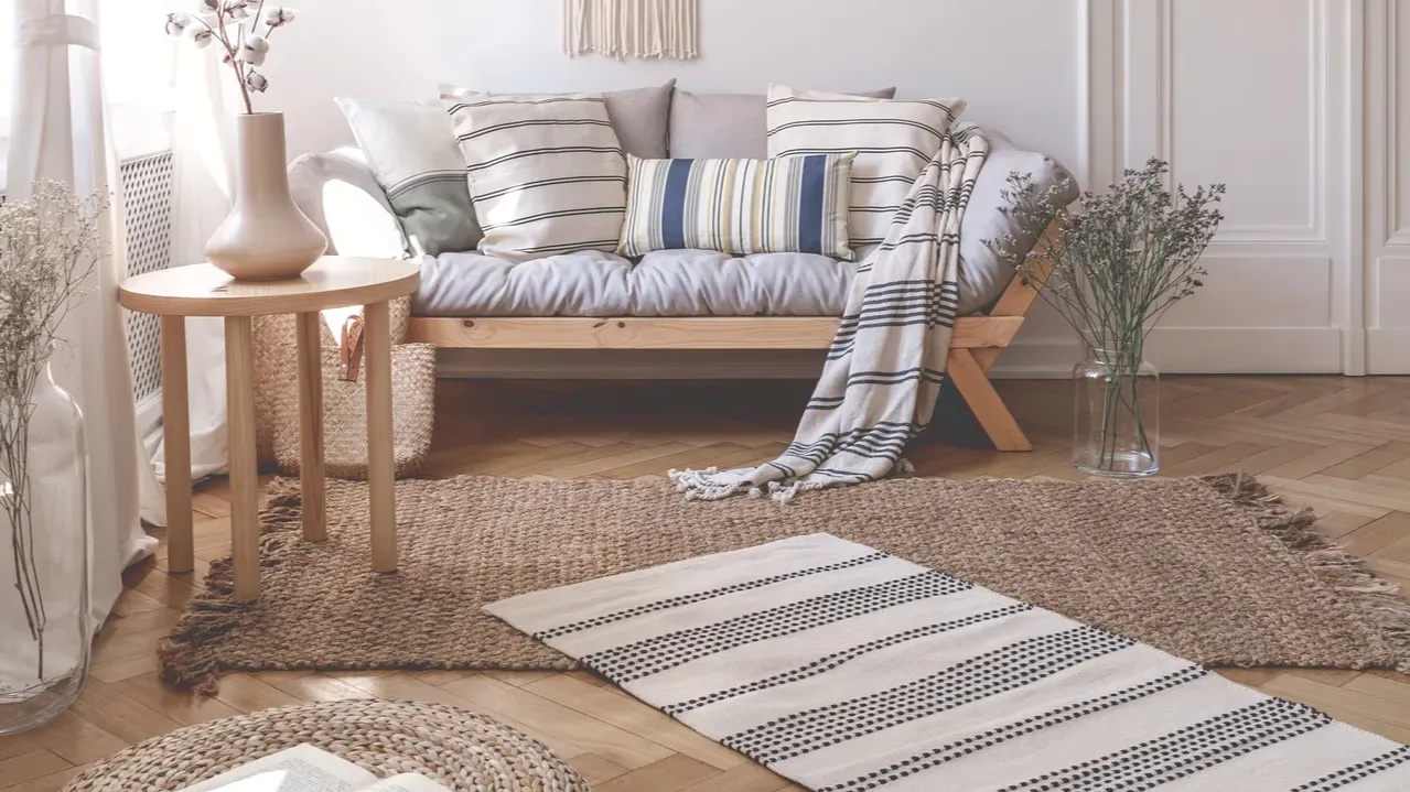 A cozy living room with layered rugs, sofa with lots of cushions, vases on coffee table, rattan floor seat with a book on it, a macrame hanging on the wall, herringbone floor, and big glass vases on the floor.