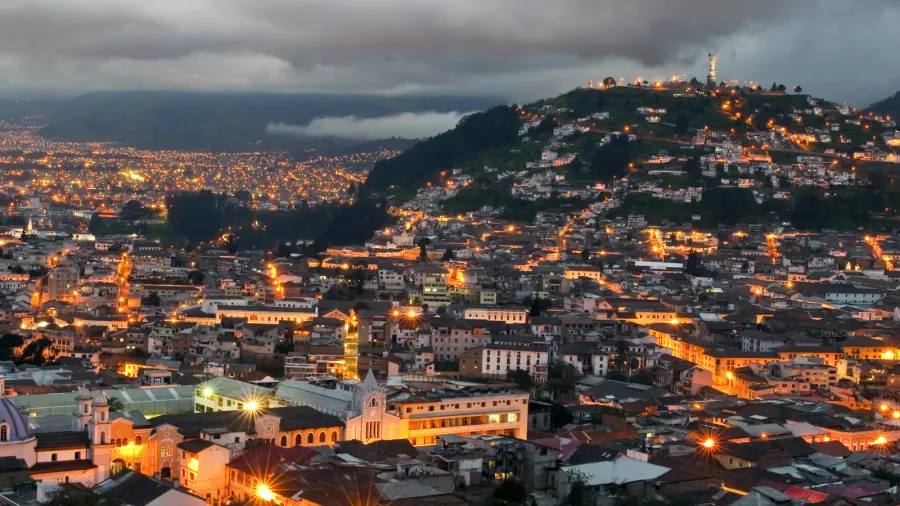 Overview of the historical center of Quito at sunset