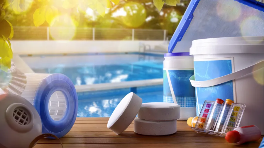 Swimming pool service and equipment with swimming pool backgroun
