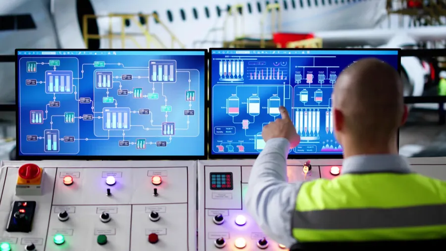 technical monitoring at aircraft maintenance hangar in airport