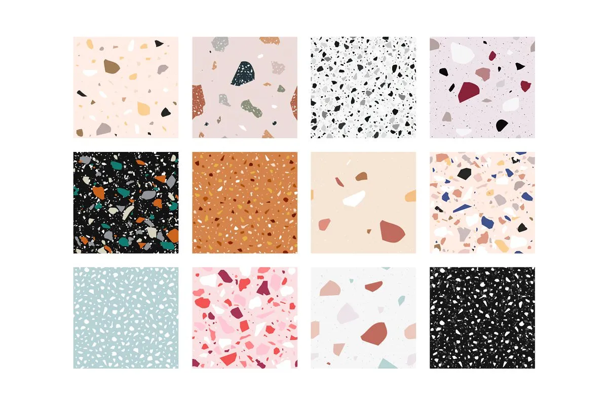 All 12 patterns included in the terrazzo pattern bundle.