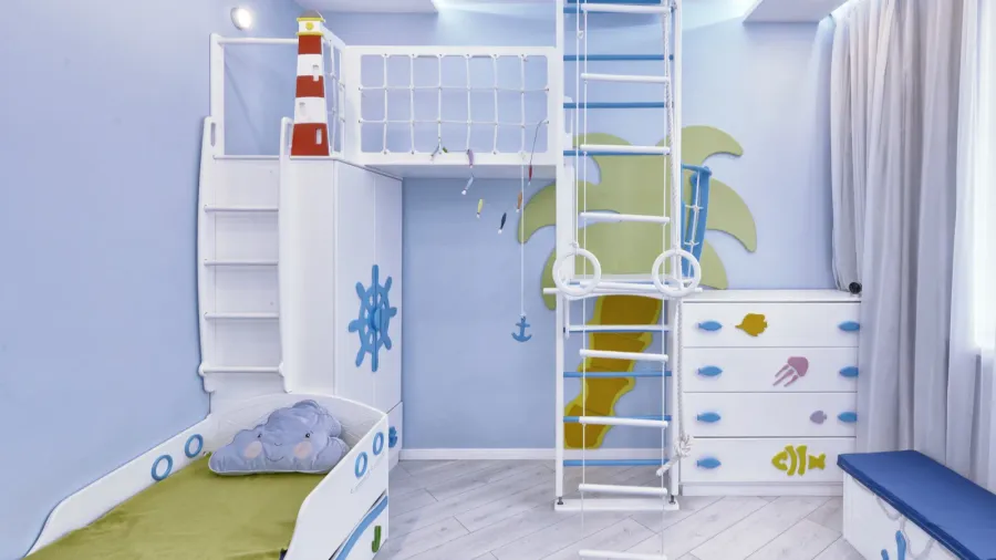the interior of a childrens bedroom for a boy in