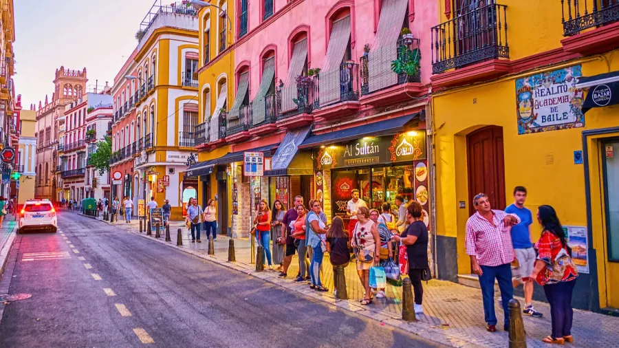 the queue at the bus stop in seville spain
