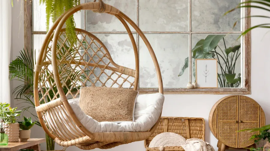 the stylish boho composition with changing swing pouf  window