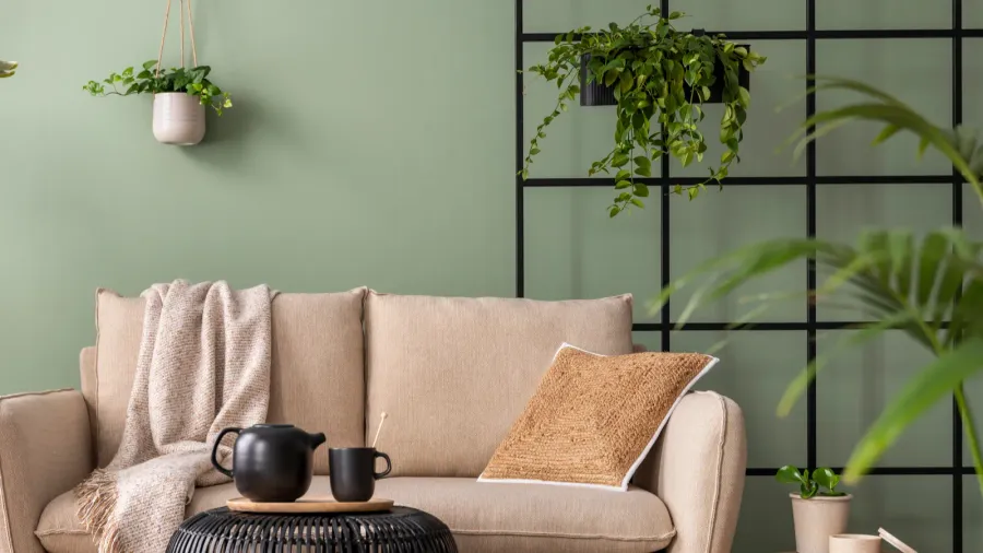 A neutral living room interior with cozy sofa, coffee table, and potted plants.