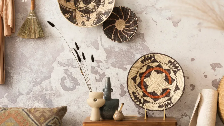 Woven and sculpted decor accents on wall and console table in a living room.