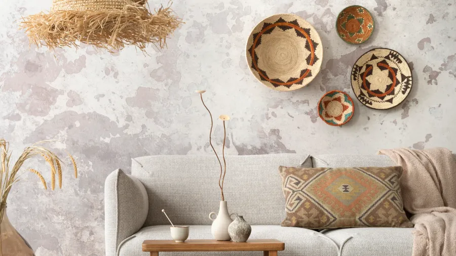 A sofa with decorative pillows and a coffee table, adorned with hanging woven baskets on the wall.