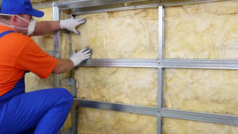 A worker insulating the walls in a home.