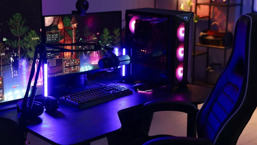 A gaming setup, streaming mic, and an ergonomic chair in a room.