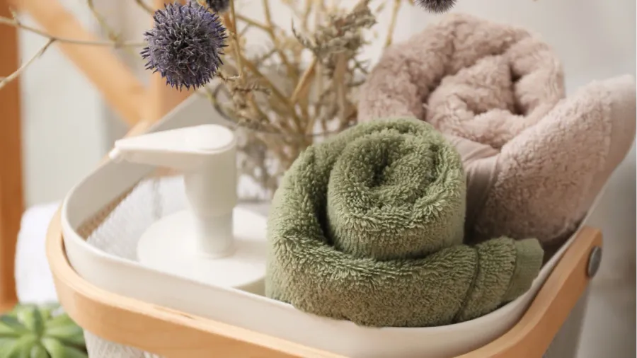 A basket with fresh towels, flowers in a vase, and a moisturizer.