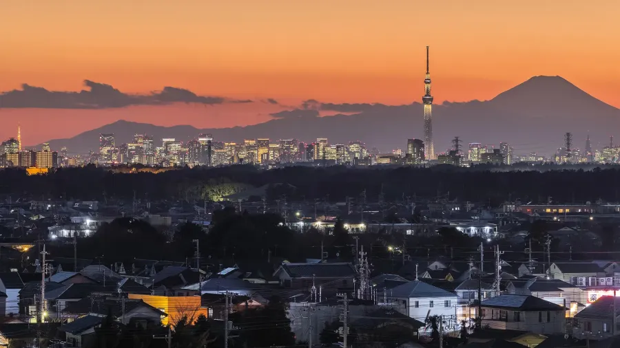 tokyo skytree and mount fuji at twilight time in winter