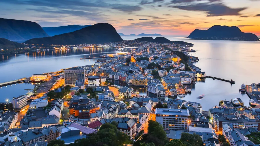top view of the city of alesund at sunset