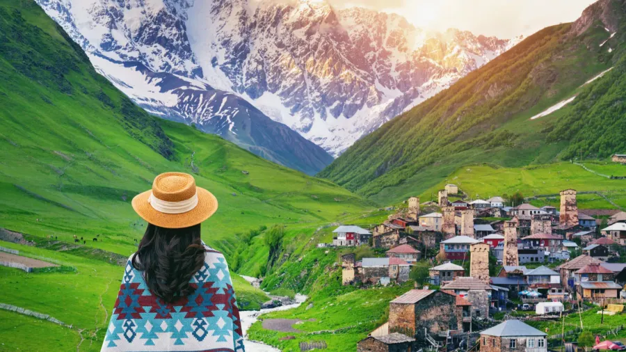 tourist enjoy view of ushguli village in georgia