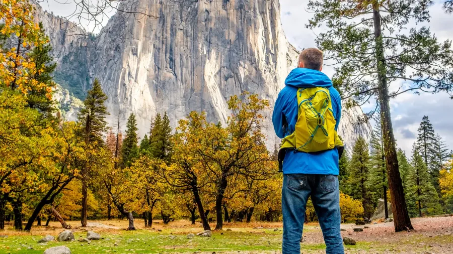 tourist standing in yosemite national park valley