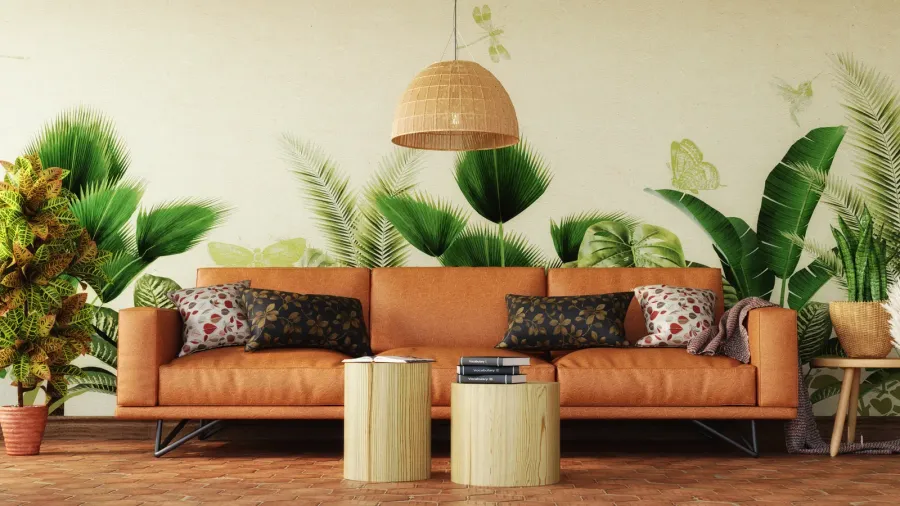 tropical interior design of living room with leather sofa in
