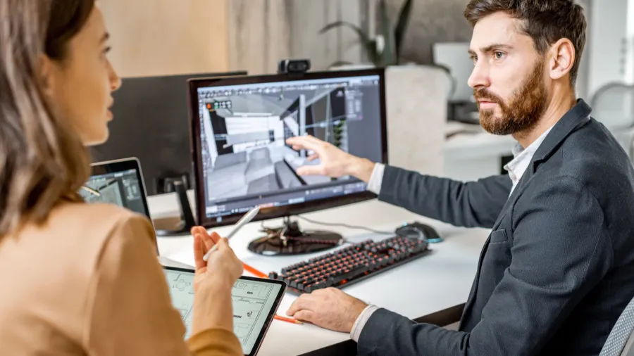 Two designers discussing about the layout and design in a collaborative meeting. The woman is holding a tablet with layout while the man is showing 3D rendering of the design on his computer.