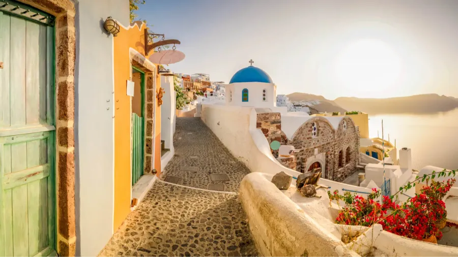 typical street of oia traditional greek village of santorini greece