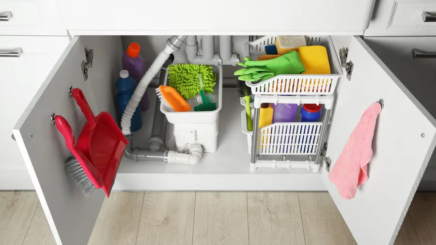 An under-sink cabinet with tiered basket holding cleaning supplies.