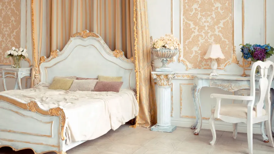 very rich interior of the apartment with golden decorations on
