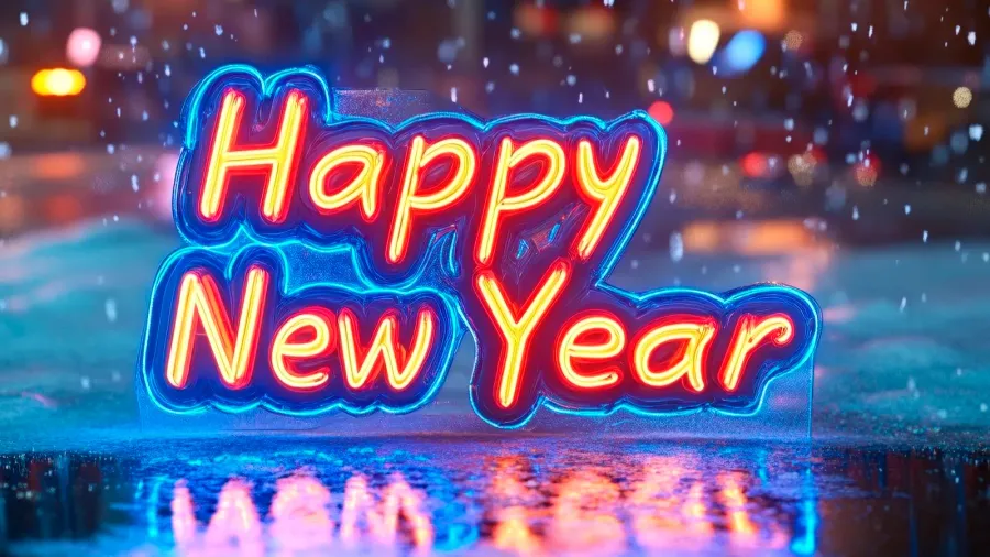 vibrant neon happy new year sign illuminated in a rainy