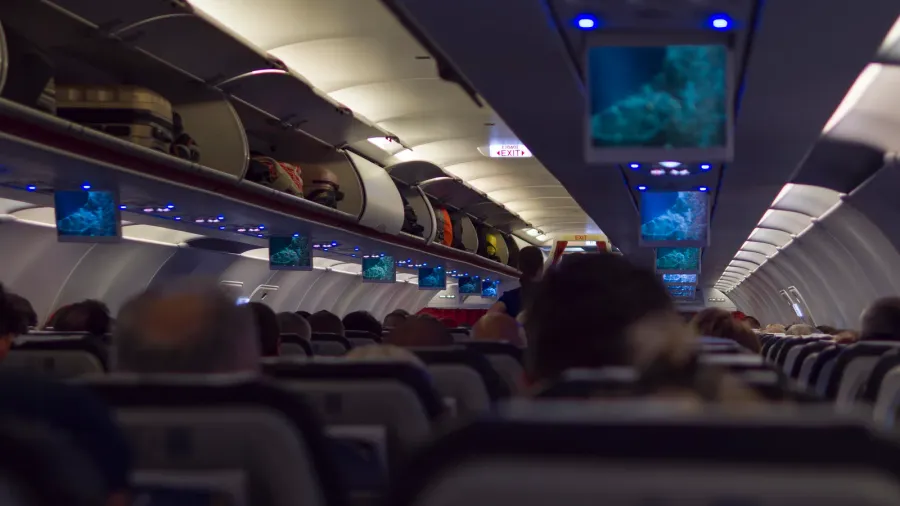 view from aircraft cabin showing rows of seats luggage racks