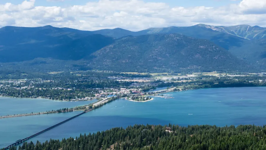view of lake pend oreille and the town of sandpoint