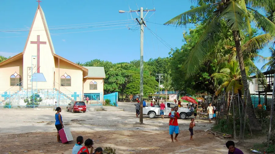 village market near christian church building