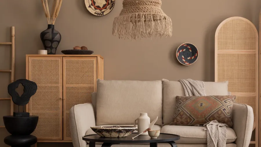 warm and cozy living room interior with beige sofa wooden