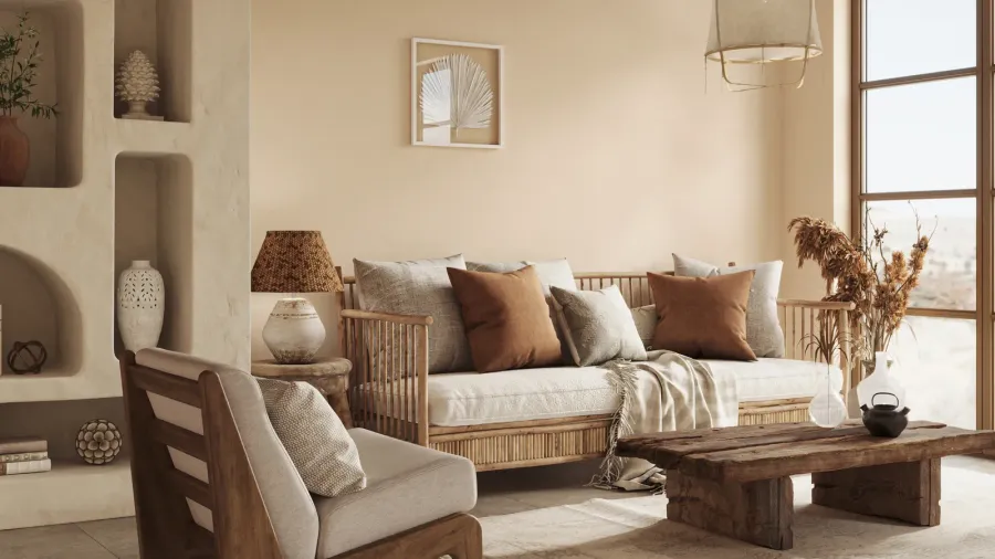 A warm living room interior with wood sofa with throw pillows and throw blanket, lamp on a side table, and reclaimed wood coffee table.