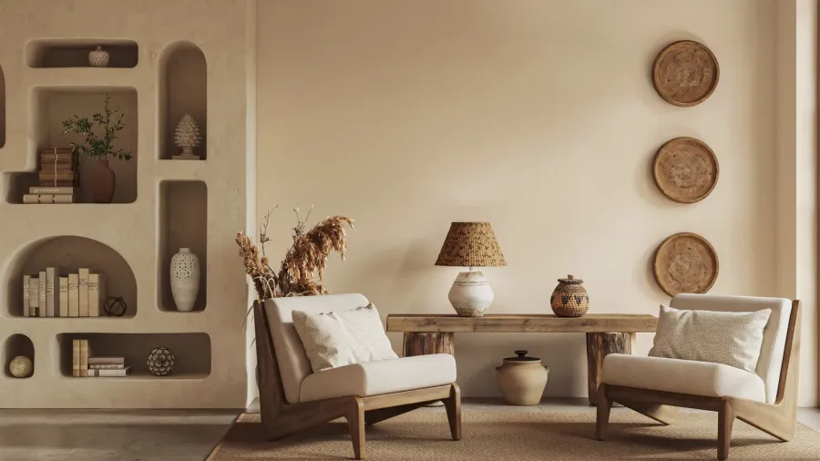 A warm living room interior with neutral walls, cozy wooden chairs and console table, rug, and books and decor accents in built-in shelves.