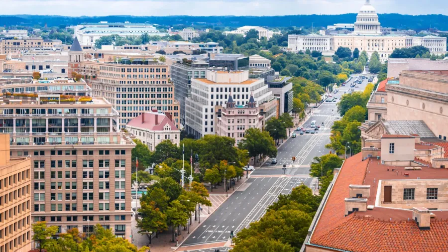 Aerial panoramic view of Pennsylvania Avenue landmarks in Washington, D.C.