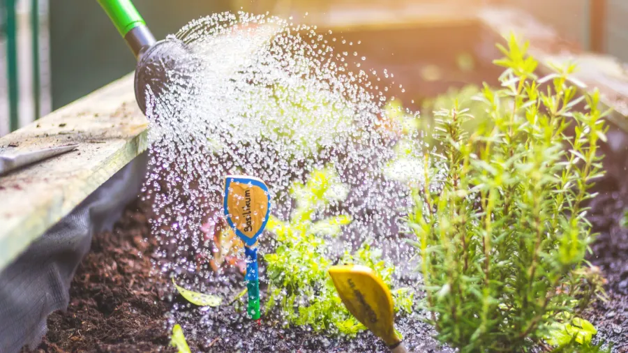 watering vegetables and herbs in raised bed fresh plants and